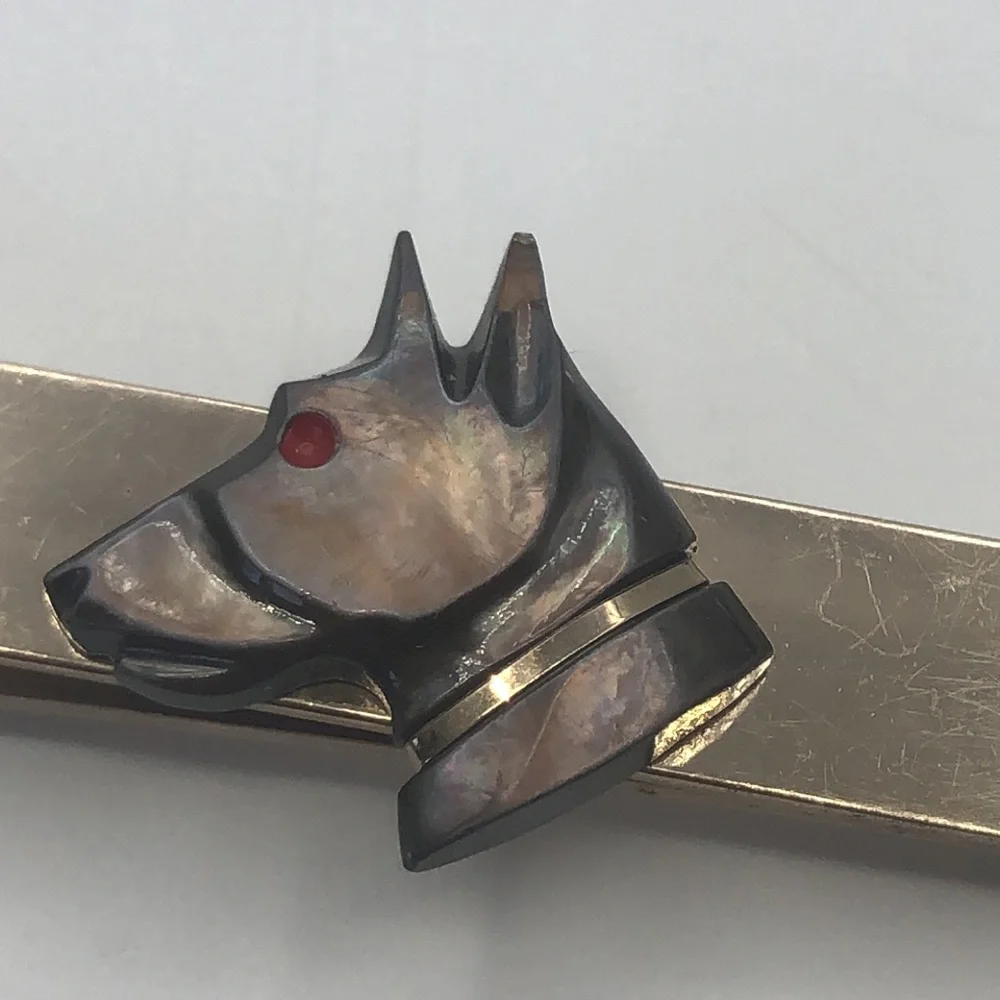 Mid century Mother of pearl dog head Cufflinks & Tie Bar VTG